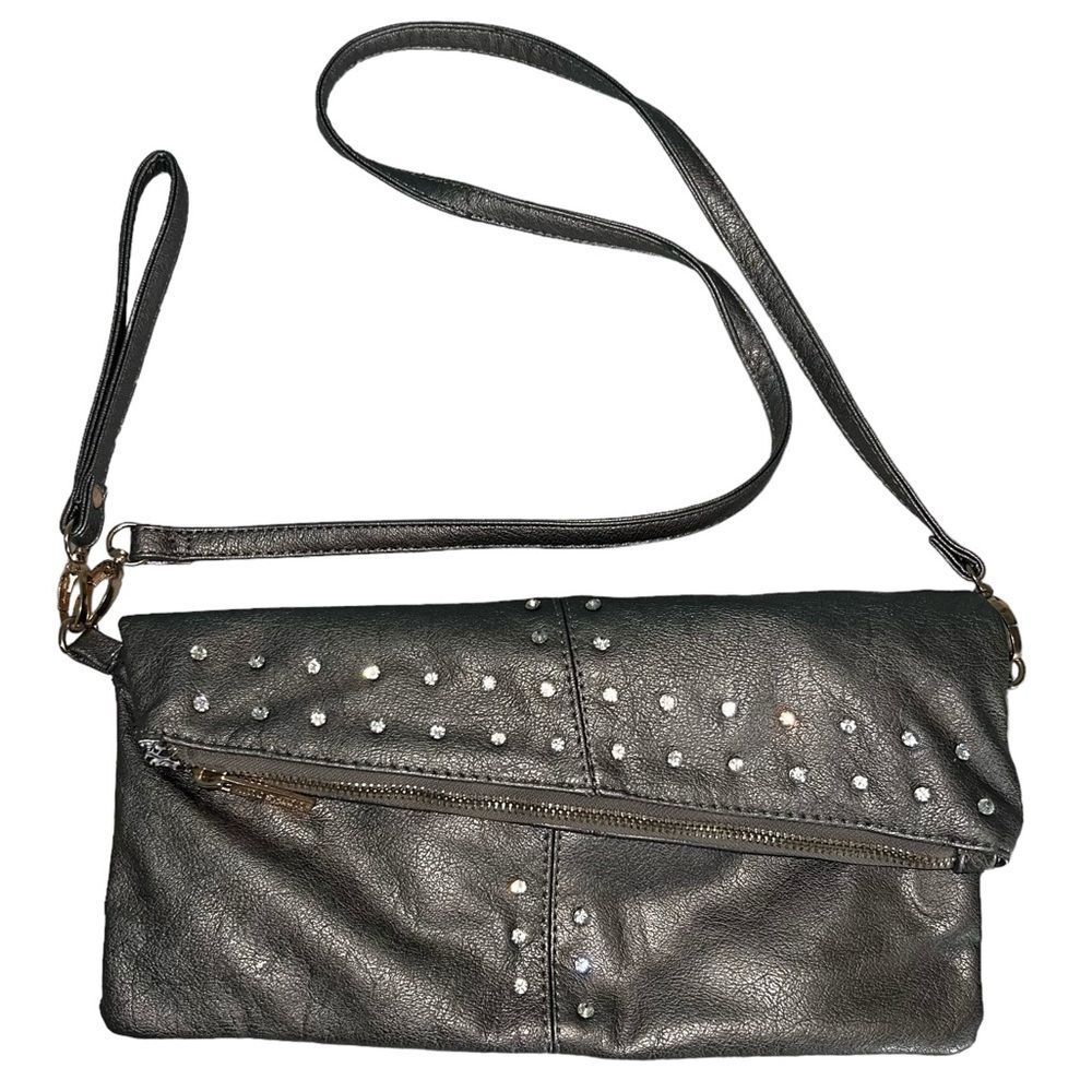 Imoshion Gunmetal Pewter Gray Fold-over Shoulder Bag or Clutch Rhinestones